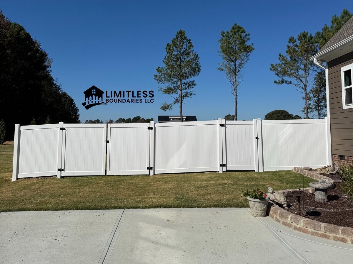 Vinyl privacy fence with double gate installation