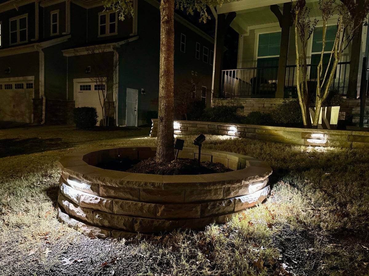 brown stone flower edging in morrisville nc with lights