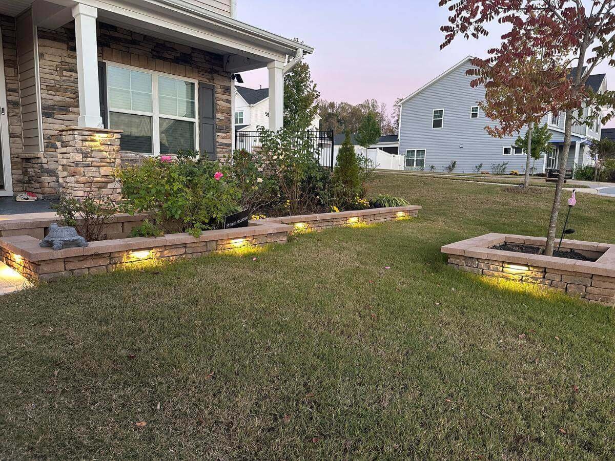 stone flower bed edging in Garner nc with lights
